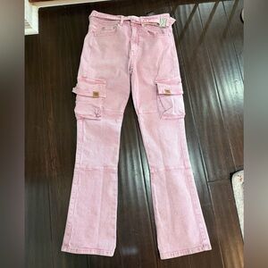 HOMME + FEMME Pink Wash Belted Cargo Flare Jeans Size 28x31”